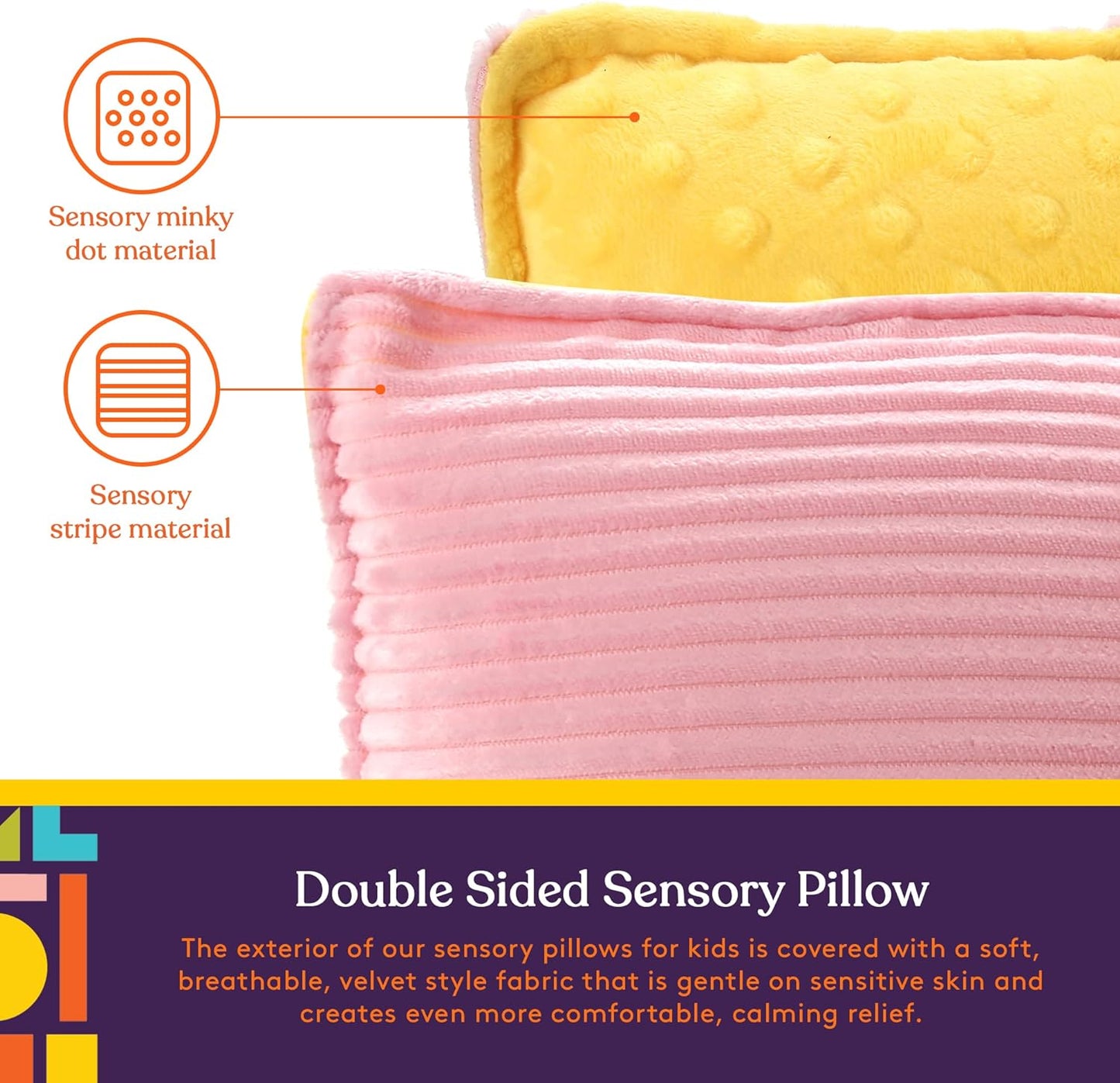 Vibrating Pillow Sensory Pressure Activated for Kids and Adults, 12” x 12” Plush Minky Soft Cover with Textured Therapy Stimulation Bumps, Pink and Yellow