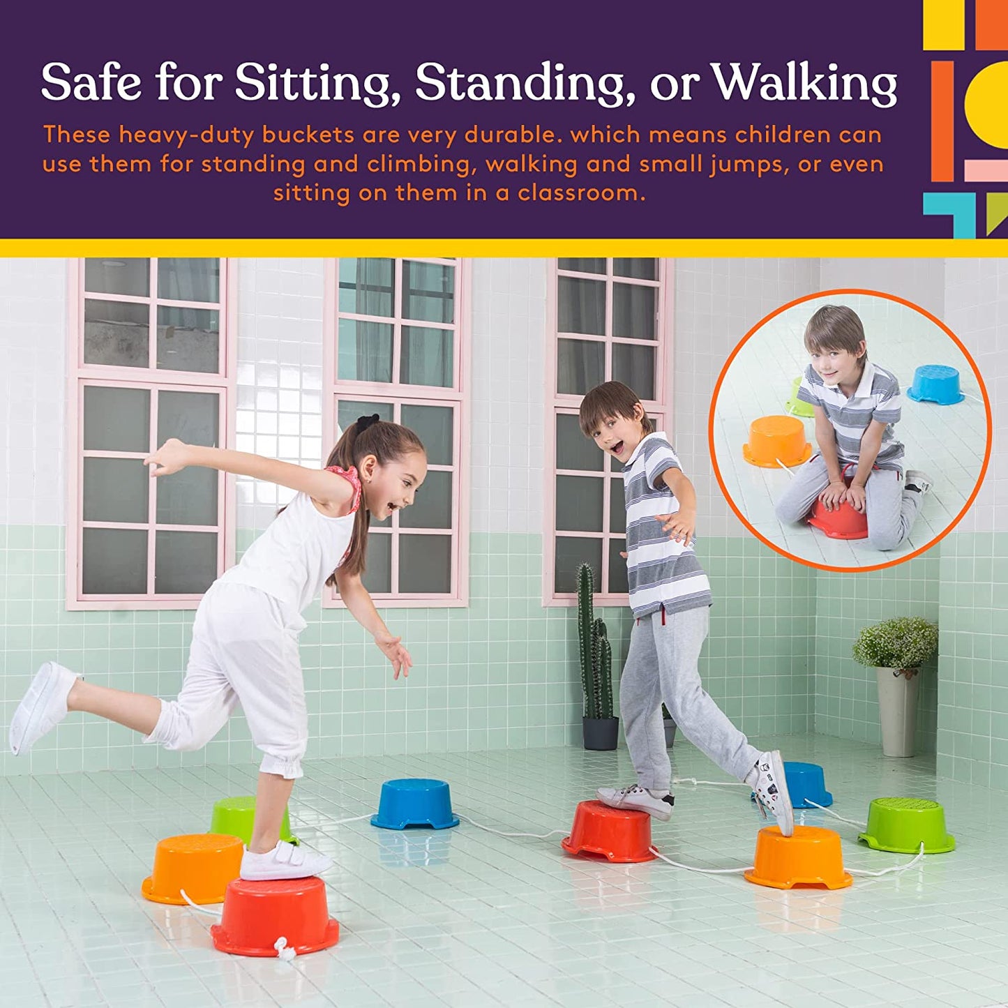 Balance Buckets Stepping Stones for Kids, 8 Pc. Set, Non-Slip Textured Surface and Slip Resistant Floor Rubber Edges