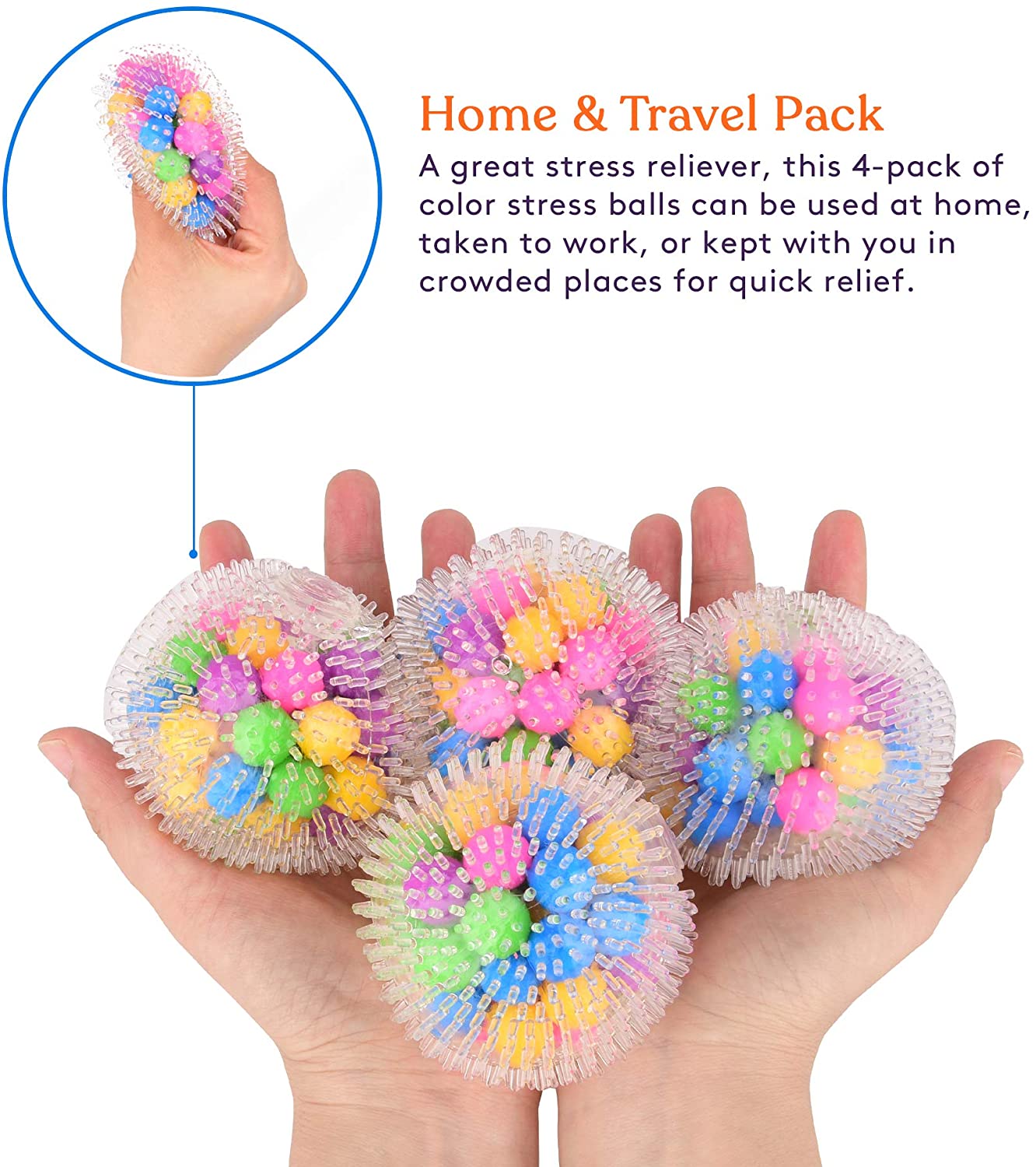 Squishy Spiky Stress Ball (4-Pack) Color Sensory Toy Fun for Kids and Adults