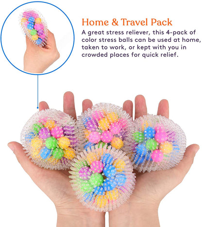 Squishy Spiky Stress Ball (4-Pack) Color Sensory Toy Fun for Kids and Adults