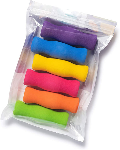 Long Foam Pencil Grips for Kids and Adults (6-Pack) Colorful, Cushioned Holders for Handwriting, Drawing, Coloring | Ergonomic Right or Left-Handed Use | Reusable