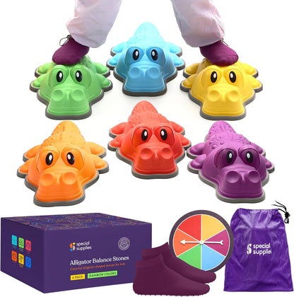 Alligator Stepping Stones for Kids Indoor and Outdoor Balance Blocks Promote Coordination, Balance, Strength Child Safe Rubber, Non-Slip Edging (Multi-Color, 6)