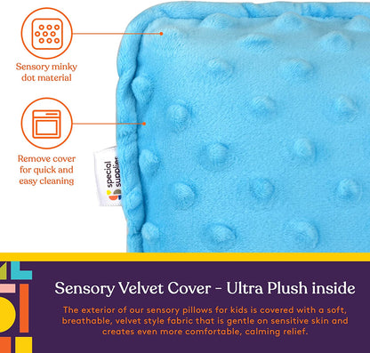 Vibrating Sensory Pillow for Kids and Adults, 12” x 12” Plush Velvet Soft Cover with Textured Therapy Stimulation, HUG TO ACTIVATE, (Blue)