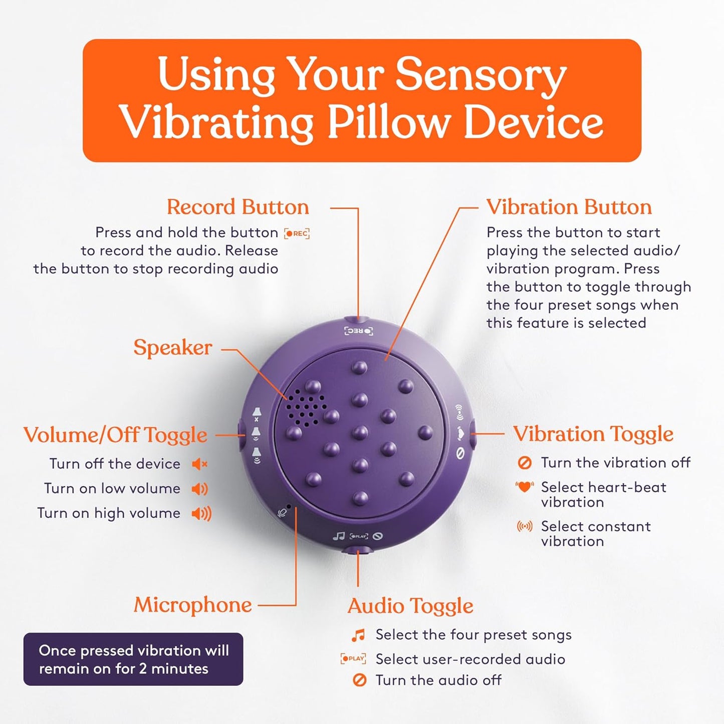 Sensory Vibrating Pillow for Kids and Adults 12" Plush Velvet Soft Cover with Textured Therapy Stimulation  HUG TO ACTIVATE   Purple