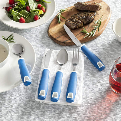 Set of 5 Blue Adaptive Utensils - Stainless Steel Knife, Rocker Knife, Fork, Soup Spoon, Dinner Spoon
