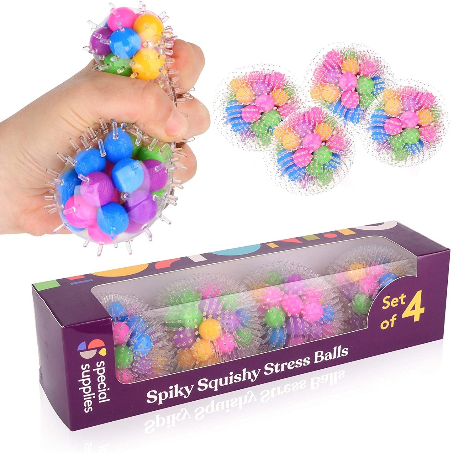 Squishy Spiky Stress Ball (4-Pack) Color Sensory Toy Fun for Kids and Adults