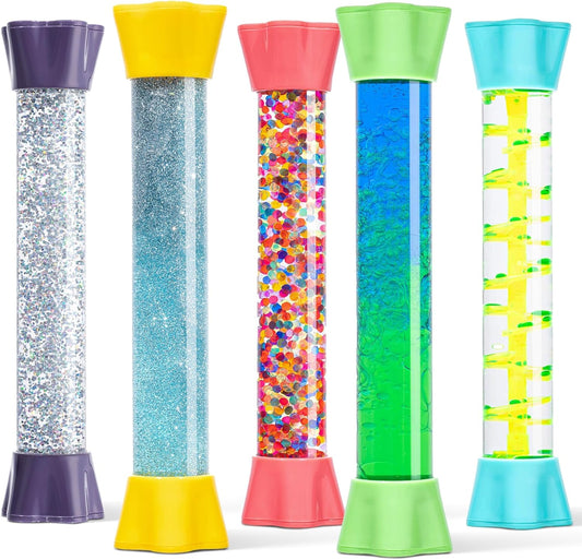 Liquid Motion Bubbler Toy Cool Tubes 5-Pack Colorful Hourglass Timer with Droplet Movement, Bedroom, Sensory Play, Cool Home or School