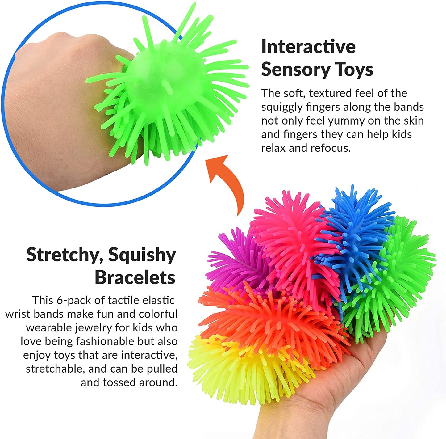 Squishy Fuzzy Band Bracelets for Kids, 6 Pack