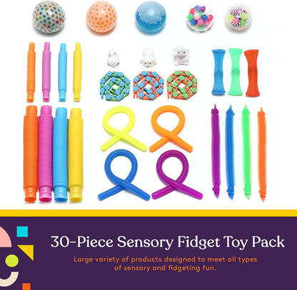 Special Supplies Fidget Toy Pack for Kids, 30 Pc. Set, Interactive Sensory Toys with Squishy Balls, Fun Tubes, Squeeze Pets, and Animal Stretchy Strings for Fidgeting, ADHD, and Autism