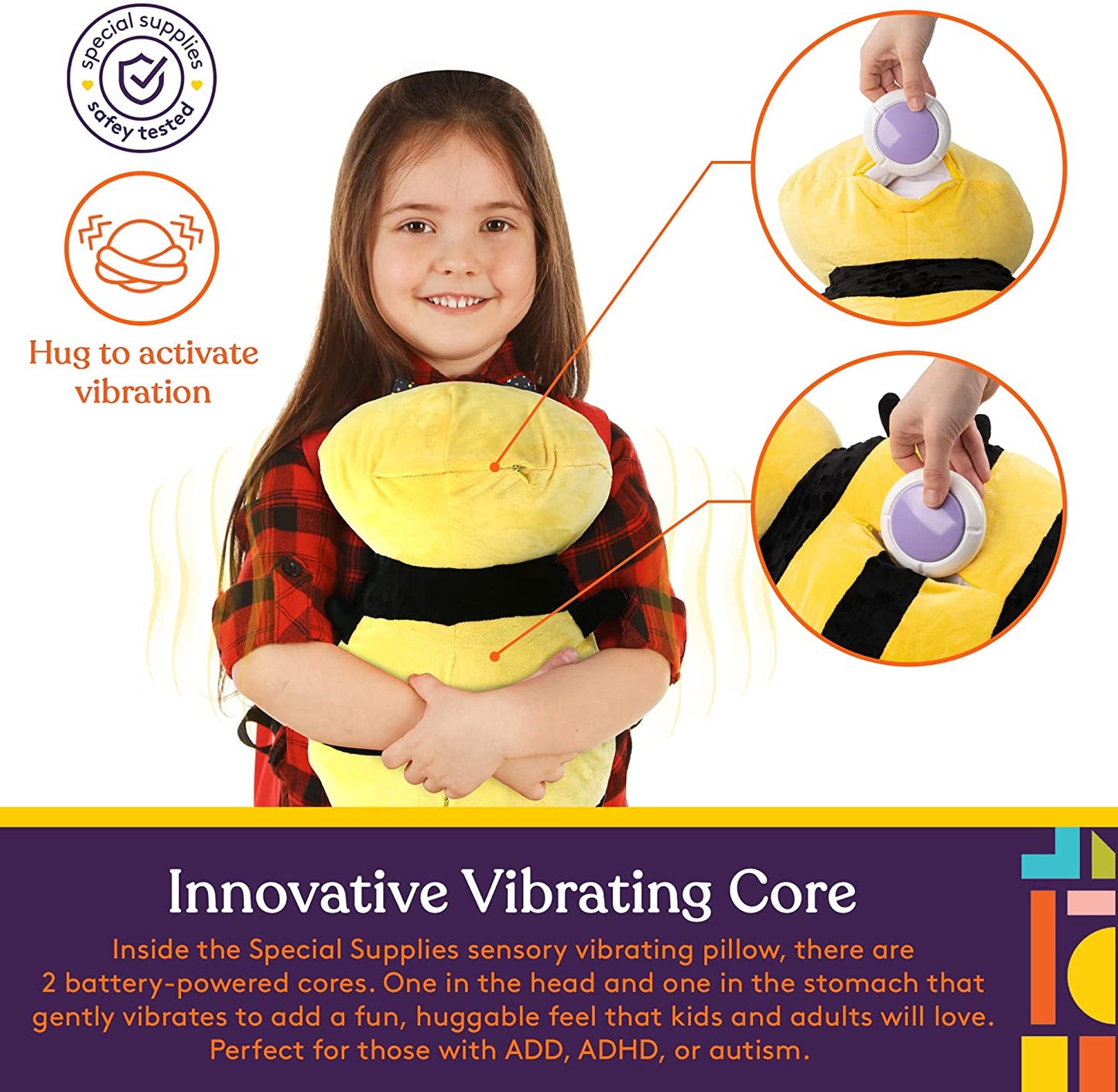 Special Supplies Bumble Bee Sensory Vibrating Pillow, Pressure Activated for Kids and Adults, Plush Minky Soft with Textured Therapy Stimulation Bumps