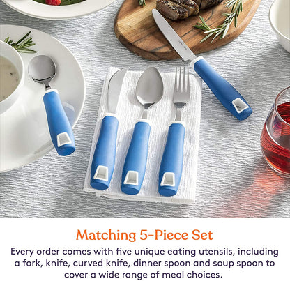 Set of 5 Blue Adaptive Utensils - Stainless Steel Knife, Rocker Knife, Fork, Soup Spoon, Dinner Spoon