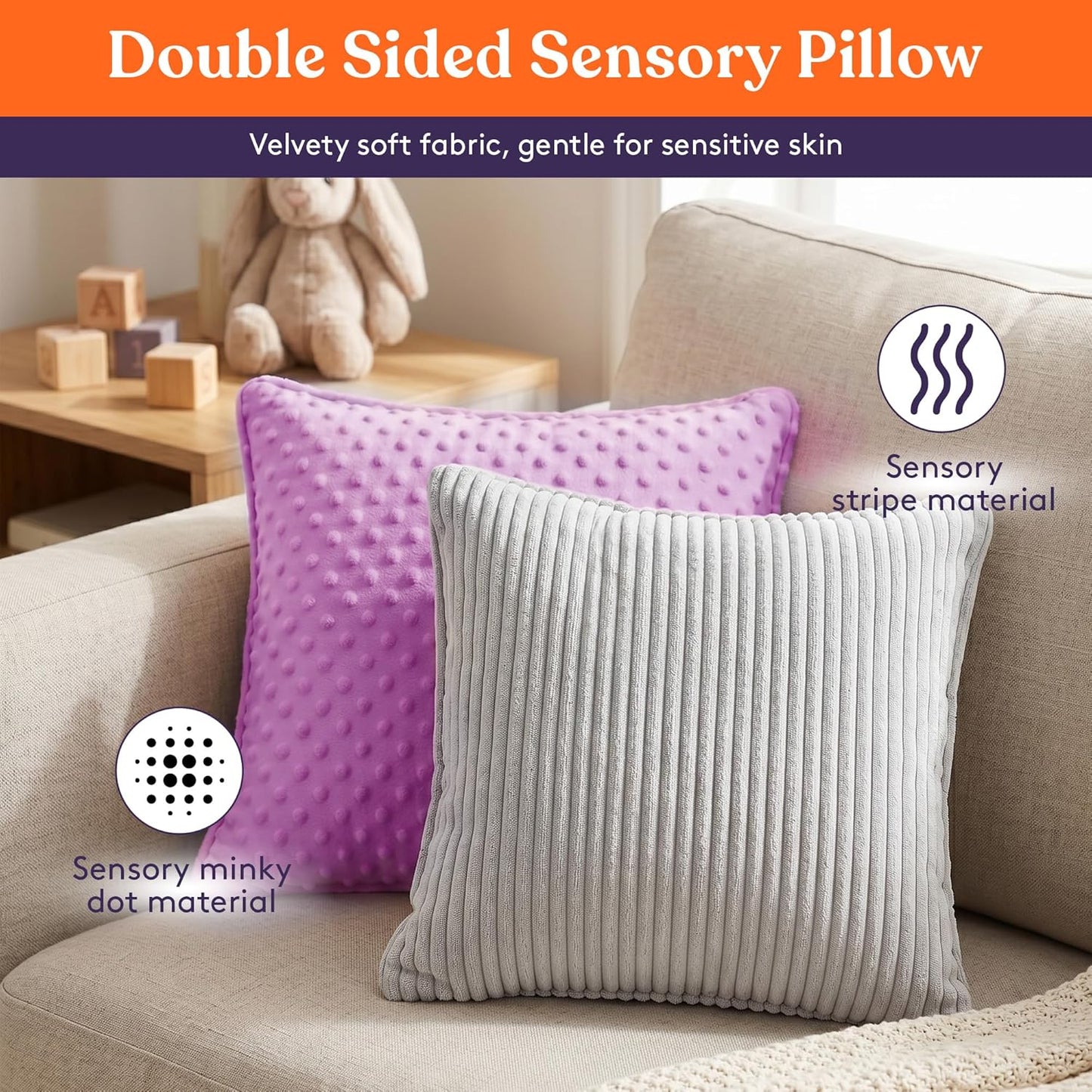 Sensory Vibrating Pillow for Kids and Adults 12" Plush Velvet Soft Cover with Textured Therapy Stimulation  HUG TO ACTIVATE   Purple