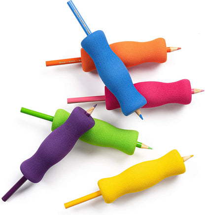 Long Foam Pencil Grips for Kids and Adults (6-Pack) Colorful, Cushioned Holders for Handwriting, Drawing, Coloring | Ergonomic Right or Left-Handed Use | Reusable