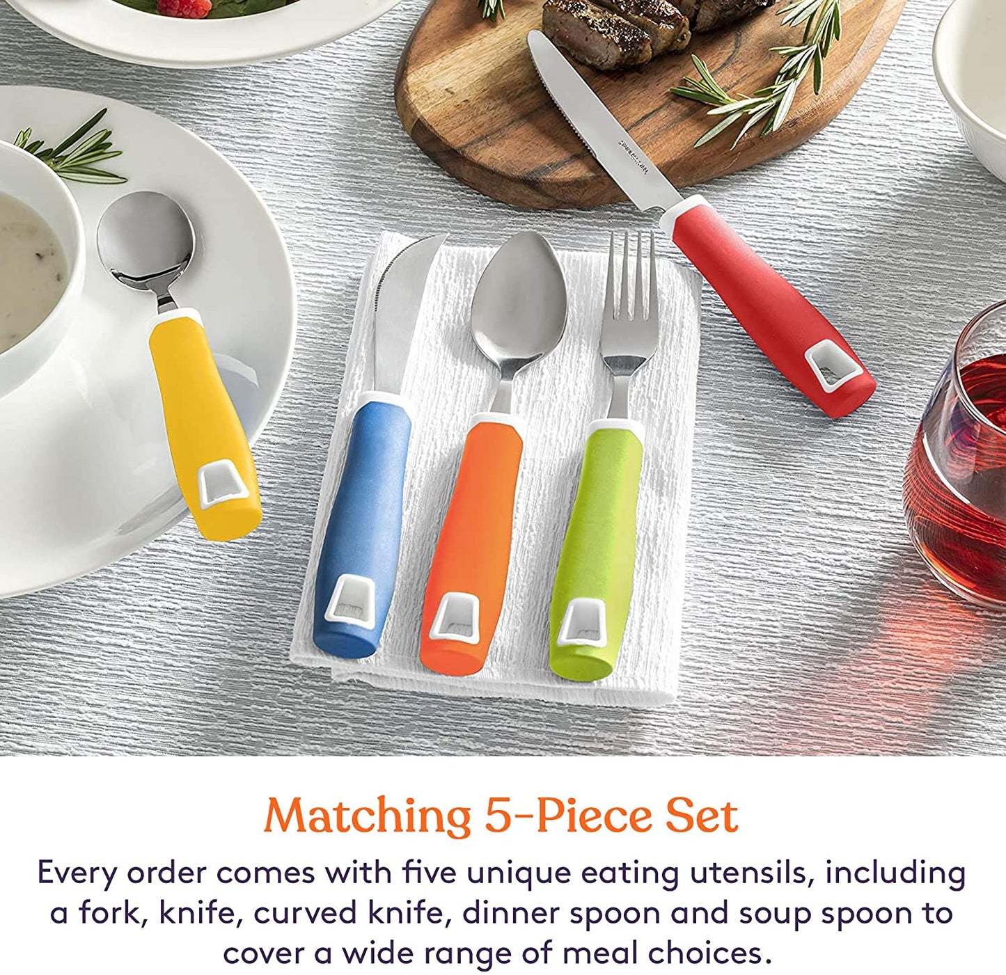 Set of 5 Colored Adaptive Utensils - Stainless Steel Knife, Rocker Knife, Fork, Soup Spoon, Dinner Spoon