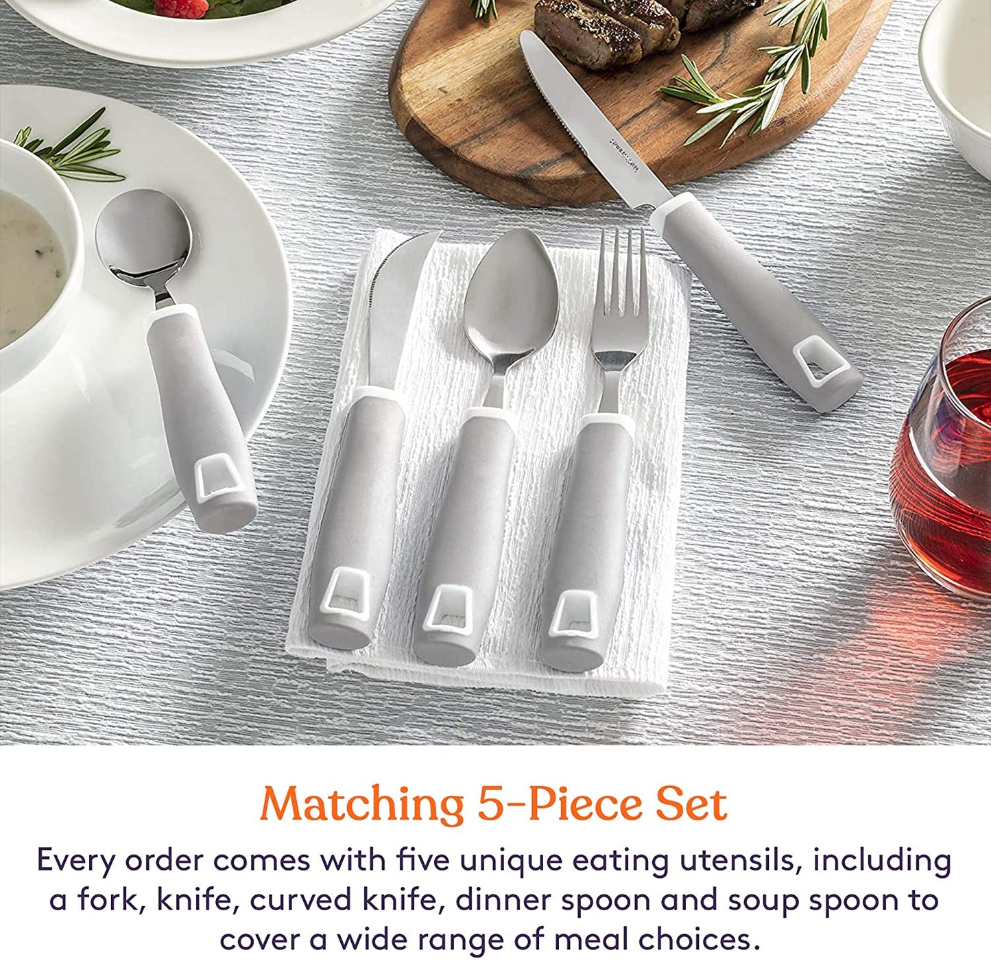 Set of 5 Gray Adaptive Utensils - Stainless Steel Knife, Rocker Knife, Fork, Soup Spoon, Dinner Spoon