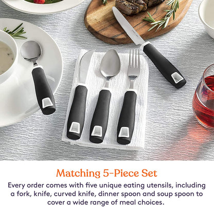 Set of 5 Black Adaptive Utensils - Stainless Steel Knife, Rocker Knife, Fork, Soup Spoon, Dinner Spoon