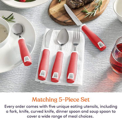 Set of 5 Red Adaptive Utensils - Stainless Steel Knife, Rocker Knife, Fork, Soup Spoon, Dinner Spoon