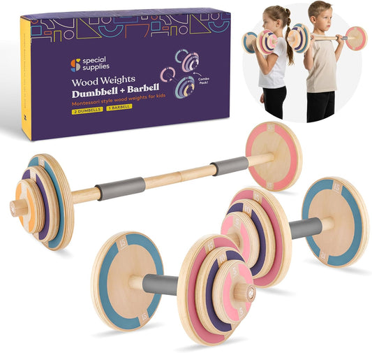 Special Supplies Kids Wooden Workout Weights, Great Exercise Equipment for Home or School (Barbell and Dumbbell)