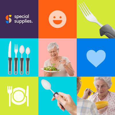 Adaptive Utensils - Arthritis Aid Silverware - Easy Grip for Shaking, Elderly & Trembling Hands - Stainless Steel Spoons, Fork & Knife Included - Gray