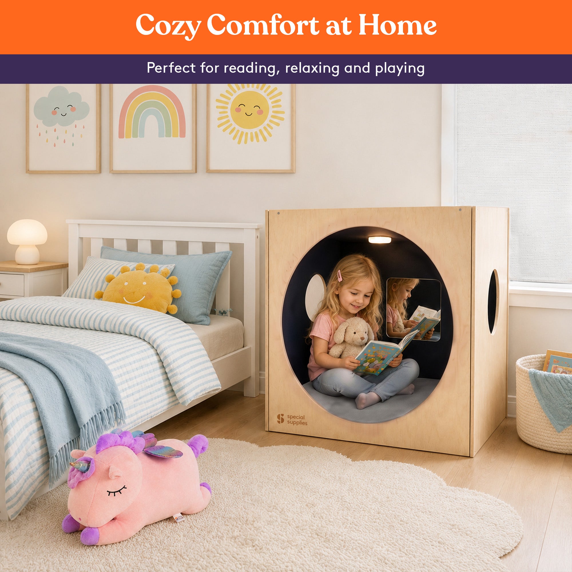 Special Supplies Kids Wooden Reading Cube for Classroom and Home, Sensory Reading Nook, Enclosed Reading Corner, Wooden Literacy Station, Quiet Learning Space for Kids, Educational Furniture
