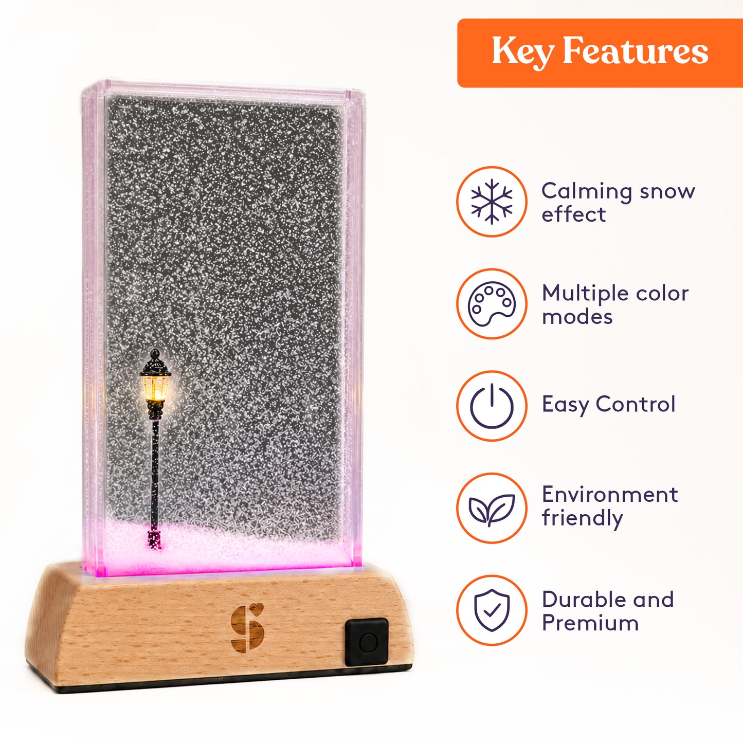 Special Supplies Soft Snowfall Glow Lamp with 3 Color LED Modes, Sensory Night Light with Floating Snow Effect, Acrylic Mood Lamp with Wooden Base for Bedroom Desk Office Relaxation Decor- EU Style