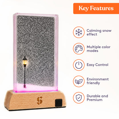Special Supplies Soft Snowfall Glow Lamp with 3 Color LED Modes, Sensory Night Light with Floating Snow Effect, Acrylic Mood Lamp with Wooden Base for Bedroom Desk Office Relaxation Decor- EU Style