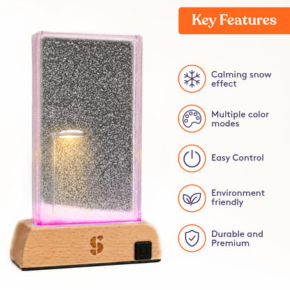 Special Supplies Soft Snowfall Glow Lamp with 3 Color LED Modes, Sensory Night Light with Floating Snow Effect, Acrylic Mood Lamp with Wooden Base for Bedroom Desk Office Relaxation Decor