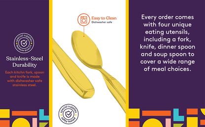 Special Supplies Adaptive Utensils (4-Piece Premium Stainless Steel) Wide, 7oz. Each Heavy Weighted, Non-Slip Handles for Hand Tremors, Arthritis, Parkinson's or Elderly Use, Knife, Fork, Spoons - Gold