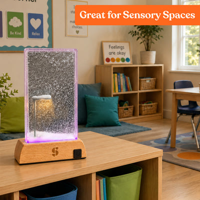 Special Supplies Soft Snowfall Glow Lamp with 3 Color LED Modes, Sensory Night Light with Floating Snow Effect, Acrylic Mood Lamp with Wooden Base for Bedroom Desk Office Relaxation Decor