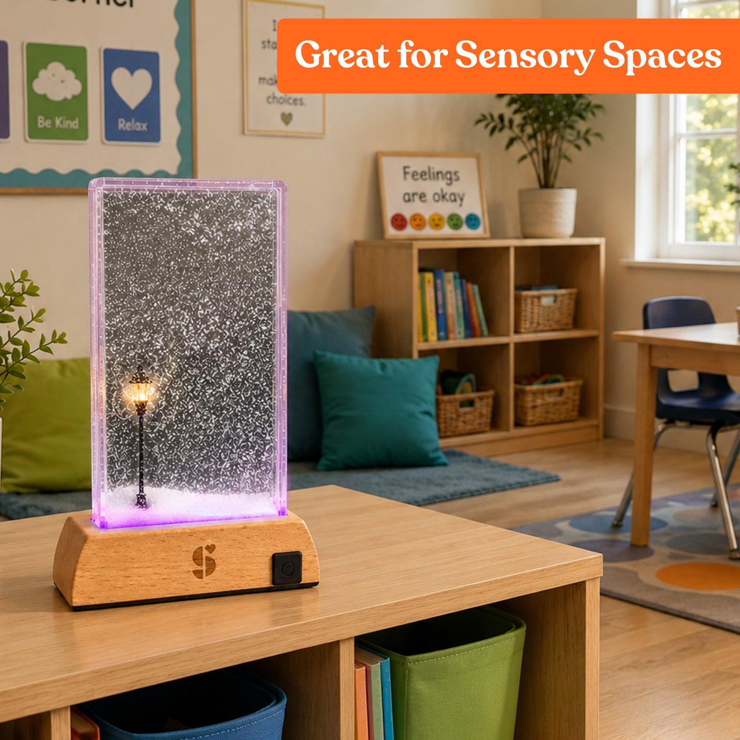 Special Supplies Soft Snowfall Glow Lamp with 3 Color LED Modes, Sensory Night Light with Floating Snow Effect, Acrylic Mood Lamp with Wooden Base for Bedroom Desk Office Relaxation Decor- EU Style