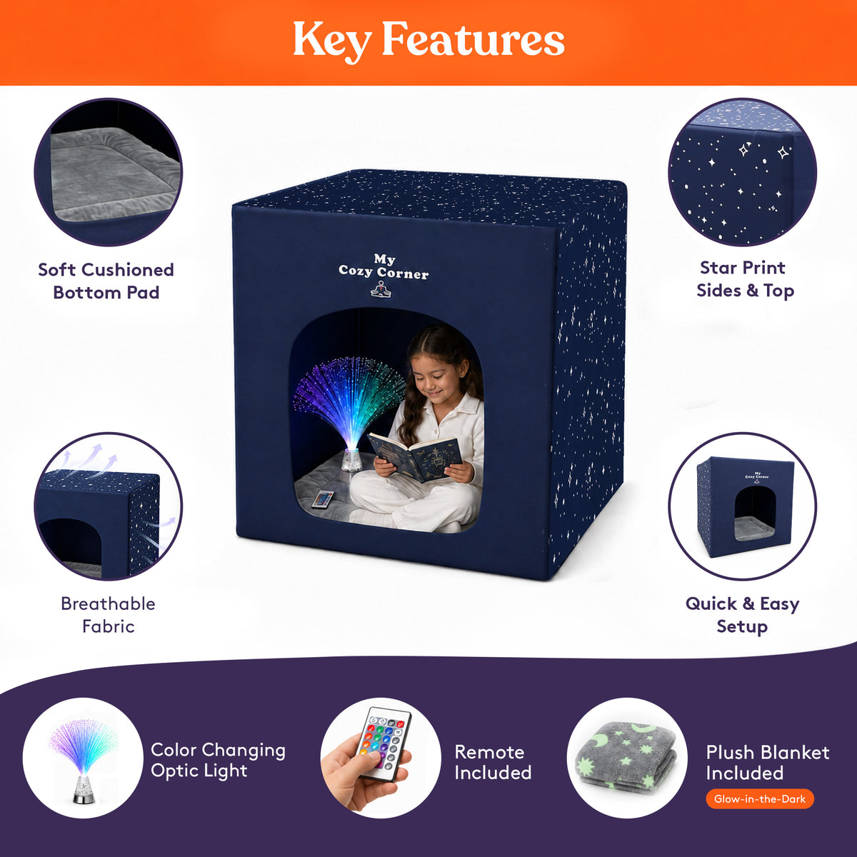 Special Supplies Blackout Sensory Tent for Kids, Calming Play Room with Fiber Optic Lamp and Glow-in-The-Dark Fuzzy Blanket