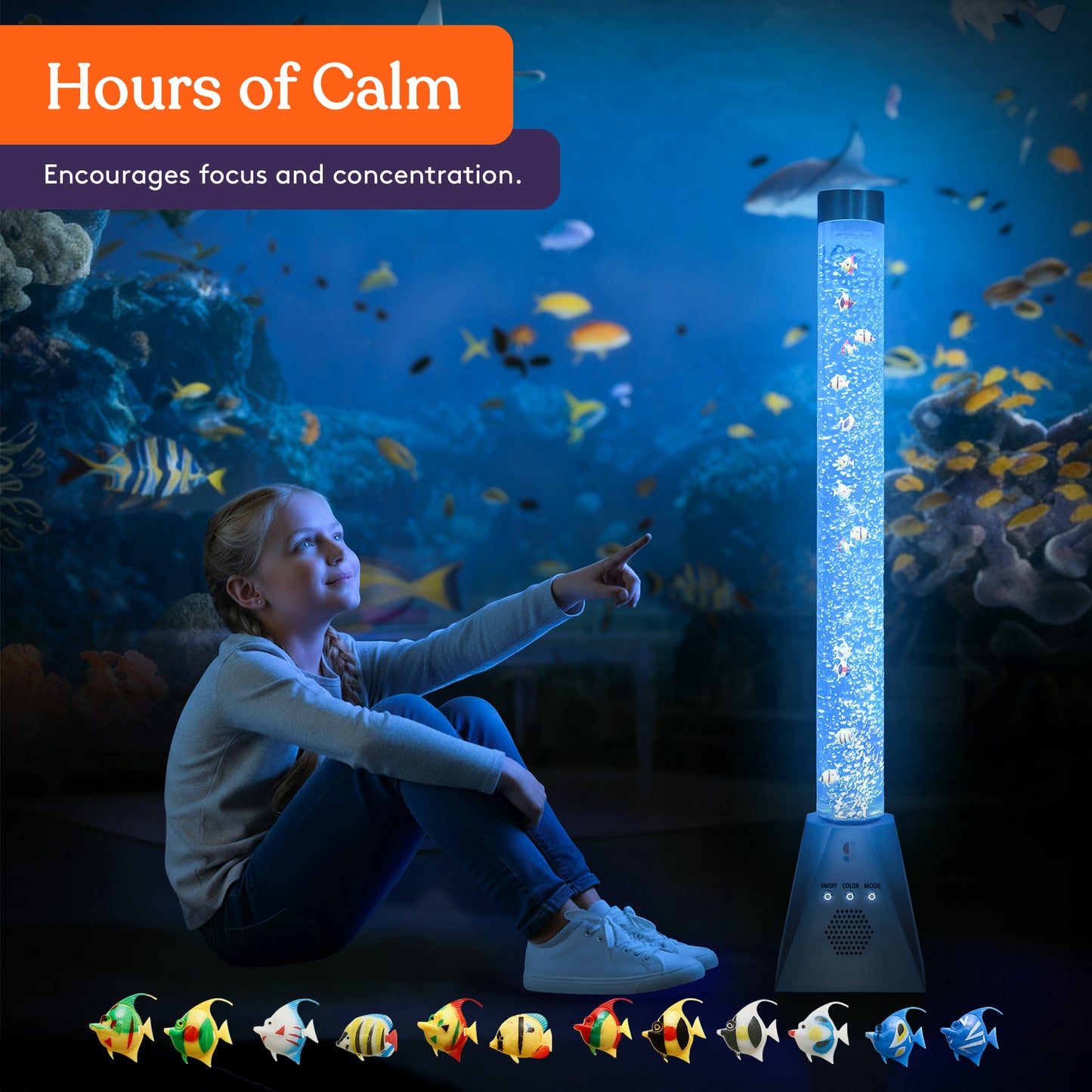 Special Supplies Aquarium Sensory Bubble Tube Lamp - 4ft Color-Changing LED with Remote, 5 Fishes, Nightlight Effect & Bluetooth Speaker- Diamond Shaped Base