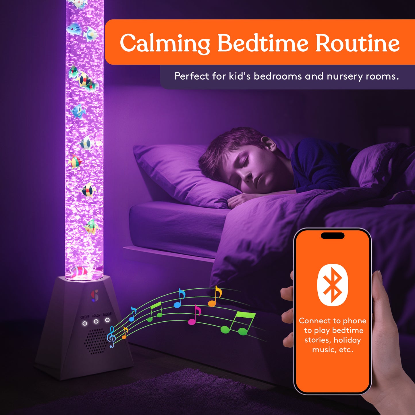 Special Supplies Aquarium Sensory Bubble Tube Lamp - 4ft Color-Changing LED with Remote, 5 Fishes, Nightlight Effect & Bluetooth Speaker- Diamond Shaped Base