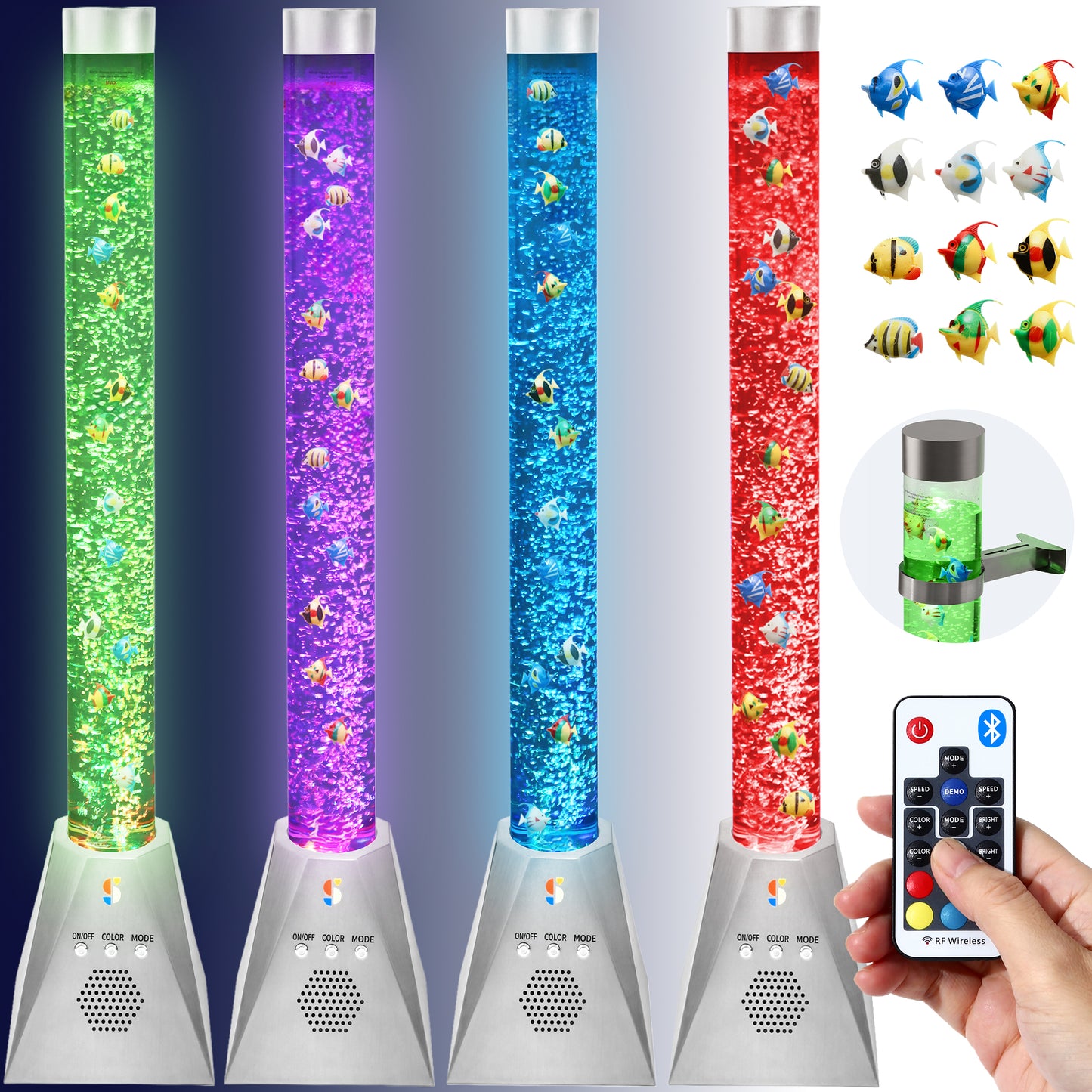 Special Supplies Aquarium Sensory Bubble Tube Lamp - 4ft Color-Changing LED with Remote, 5 Fishes, Nightlight Effect & Bluetooth Speaker- Diamond Shaped Base