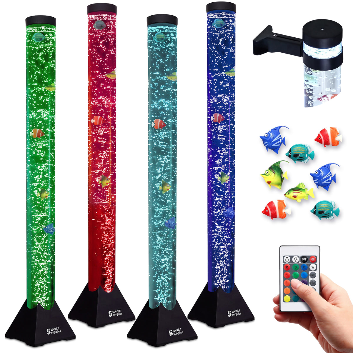 Aquarium Sensory Fish Bubble Light Tube with 16 LED Color Changing Nightlight Effect, Remote Control, and 8 Fishes, Colorful Floor Standing Lamp for Kids and Adults (4 feet)
