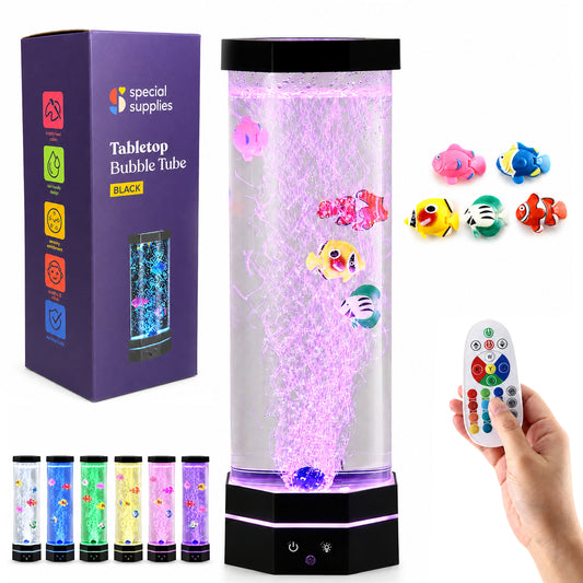 Special Supplies Aquarium Sensory Fish Bubble Light Tube with 16 LED Color Changing Nightlight Effect, Remote Control, and 5 Fish, Colorful Desk Standing Lamp 16"