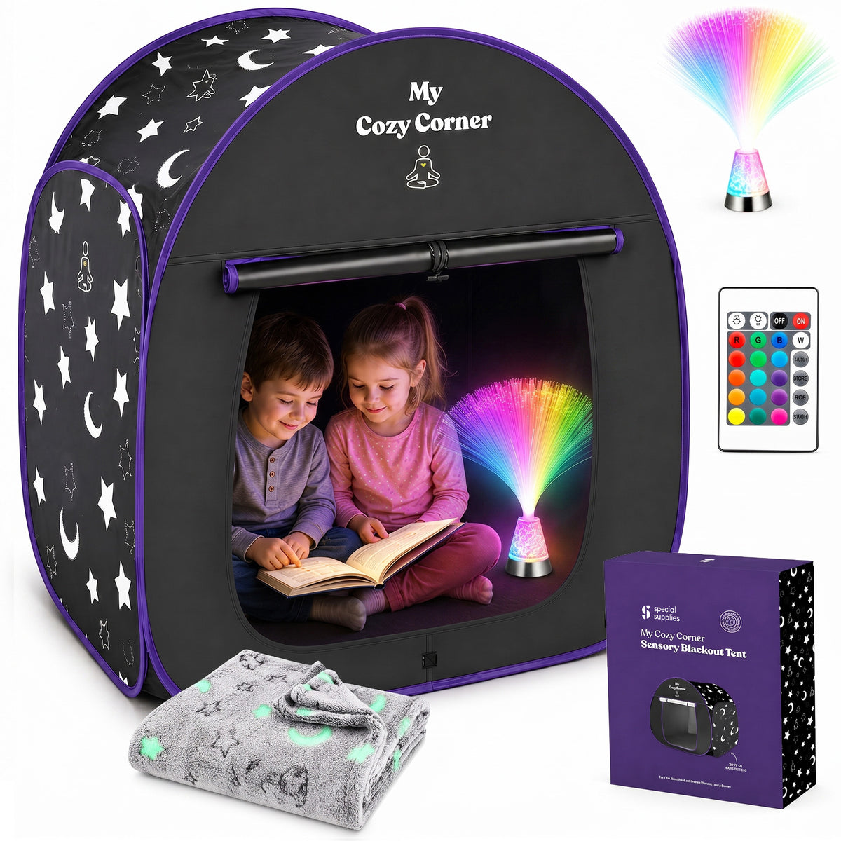 Blackout Sensory Tent for Kids, Pop Up Calming Play Room with Fiber Optic Lamp and Glow-in-The-Dark Fuzzy Blanket