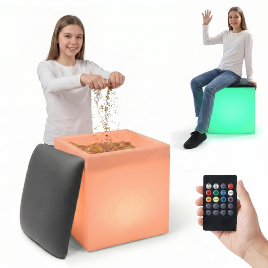Special Supplies LED Cube Light‑Up Chair/Table Set – Color Changing Glow Cube Furniture, Mood Lighting, RGB LED Seat/Table for Sensory Play, Home and School (16")