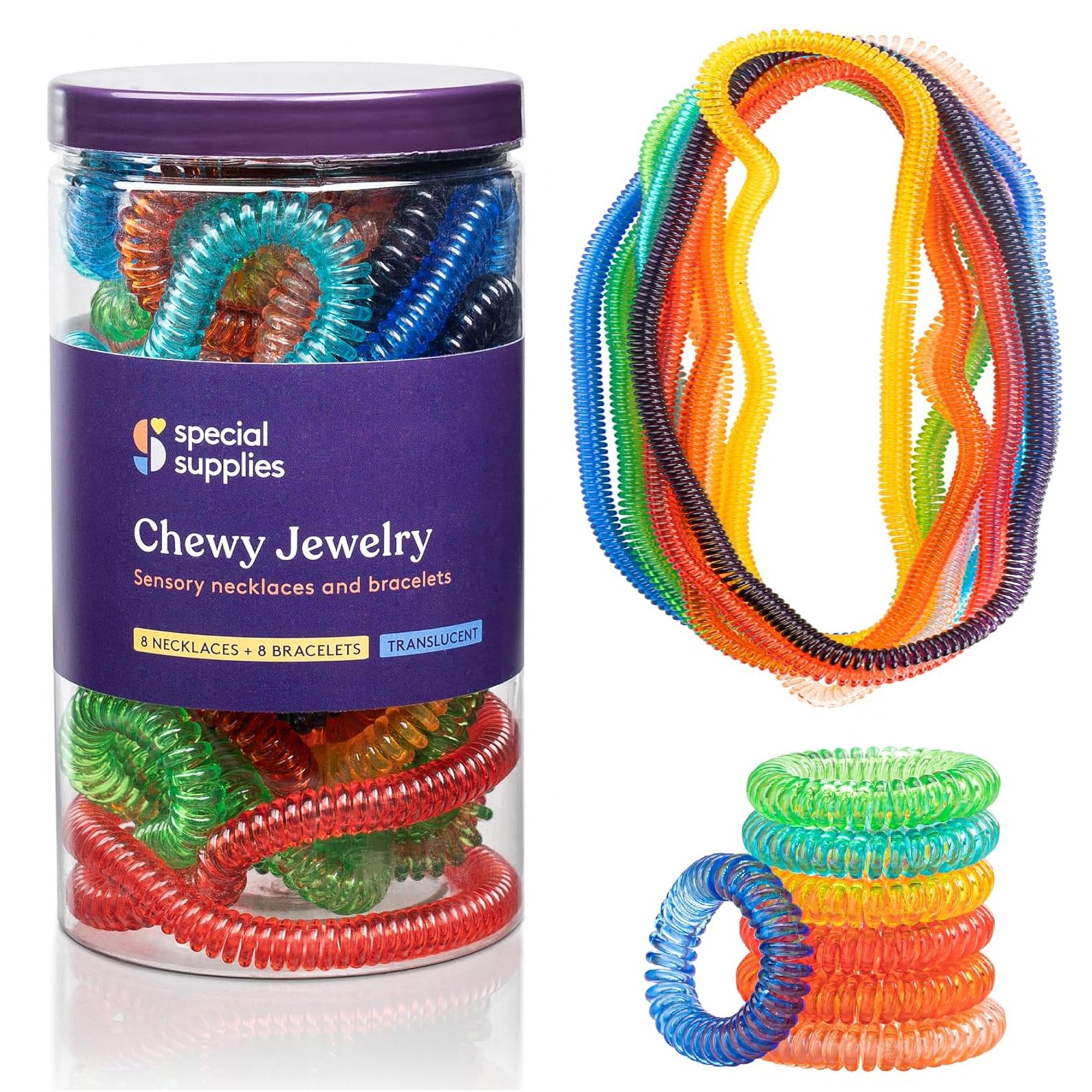 Special Supplies Chewy Jewelry Sensory Translucent Necklaces and Bracelets, 16 Pack, Soft and Flexible Silicone, Interactive Stress and Anxiety Relief for Kids, Supports ADD, ADHD, Autism