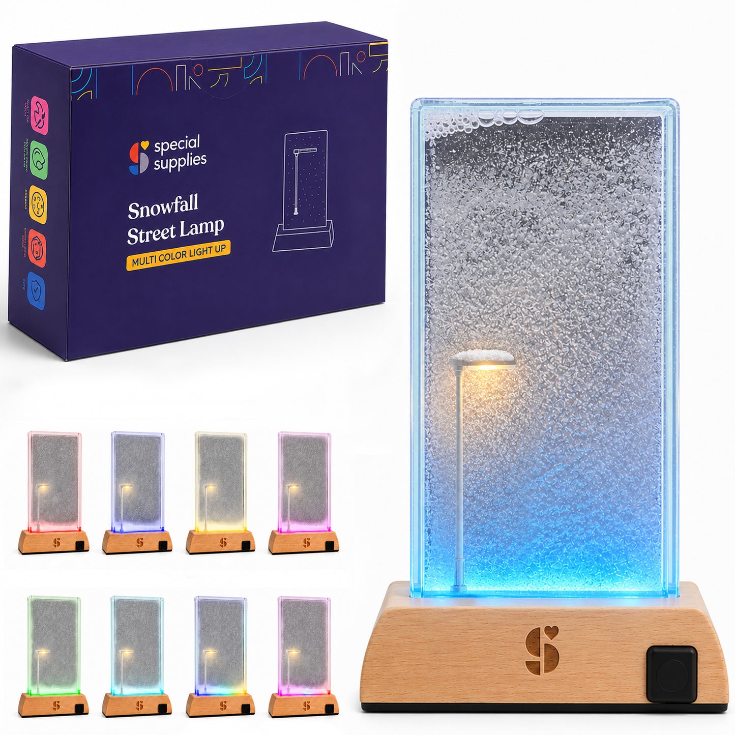 Special Supplies Soft Snowfall Glow Lamp with 3 Color LED Modes, Sensory Night Light with Floating Snow Effect, Acrylic Mood Lamp with Wooden Base for Bedroom Desk Office Relaxation Decor
