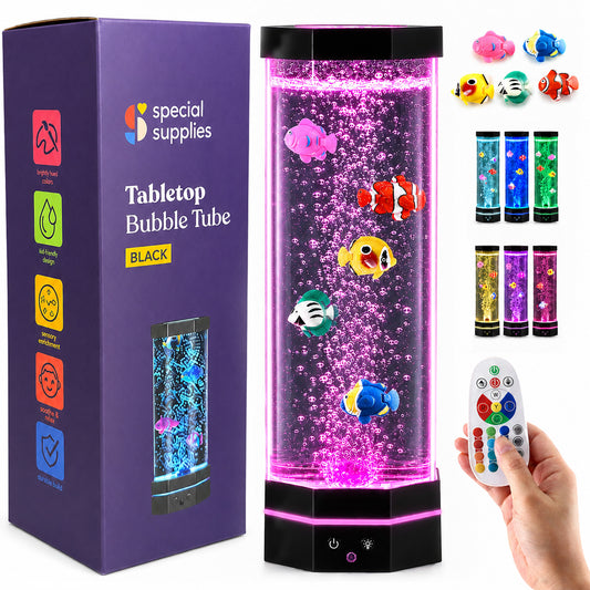 Special Supplies Aquarium Sensory Fish Bubble Light Tube with 16 LED Color Changing Nightlight Effect, Remote Control, and 5 Fish, Colorful Desk Standing Lamp 16"