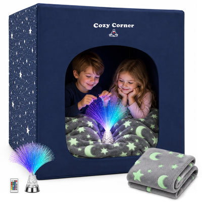 Special Supplies Blackout Sensory Tent for Kids, Calming Play Room with Fiber Optic Lamp and Glow-in-The-Dark Fuzzy Blanket