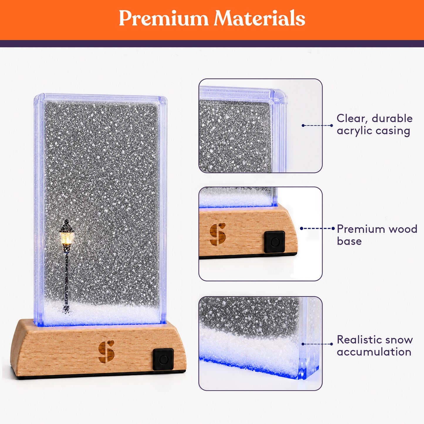 Special Supplies Soft Snowfall Glow Lamp with 3 Color LED Modes, Sensory Night Light with Floating Snow Effect, Acrylic Mood Lamp with Wooden Base for Bedroom Desk Office Relaxation Decor- EU Style