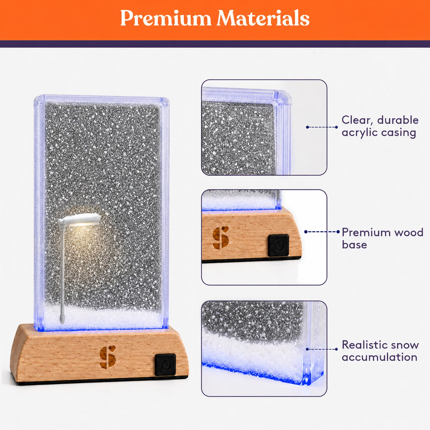 Special Supplies Soft Snowfall Glow Lamp with 3 Color LED Modes, Sensory Night Light with Floating Snow Effect, Acrylic Mood Lamp with Wooden Base for Bedroom Desk Office Relaxation Decor