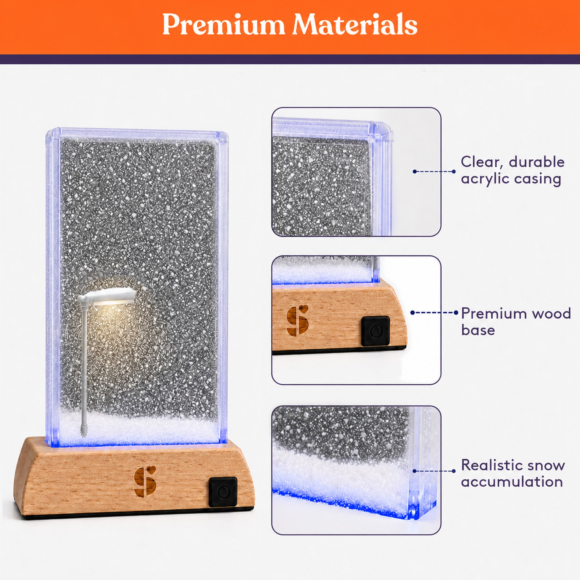 Special Supplies Soft Snowfall Glow Lamp with 3 Color LED Modes, Sensory Night Light with Floating Snow Effect, Acrylic Mood Lamp with Wooden Base for Bedroom Desk Office Relaxation Decor