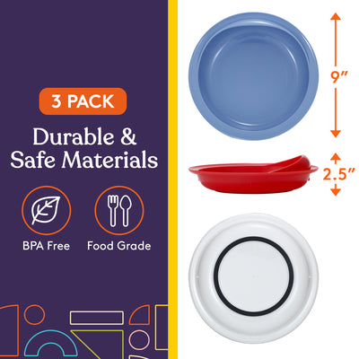 Special Supplies Adaptive Spill-Proof Scoop Plates- Dishes with Wall for Disabled, Elderly Adults with Special Needs from Parkinson's, Dementia, Tremors- 3 Pack (White, Blue, Red)