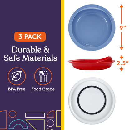 Special Supplies Adaptive Spill-Proof Scoop Plates- Dishes with Wall for Disabled, Elderly Adults with Special Needs from Parkinson's, Dementia, Tremors- 3 Pack (White, Blue, Red)
