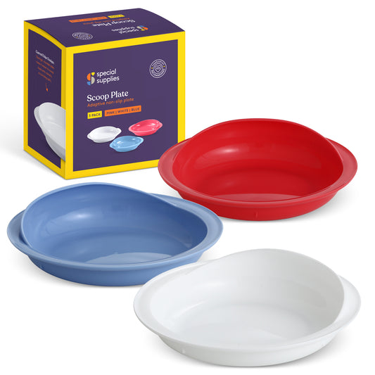 Special Supplies Adaptive Spill-Proof Scoop Plates- Dishes with Wall for Disabled, Elderly Adults with Special Needs from Parkinson's, Dementia, Tremors- 3 Pack (White, Blue, Red)