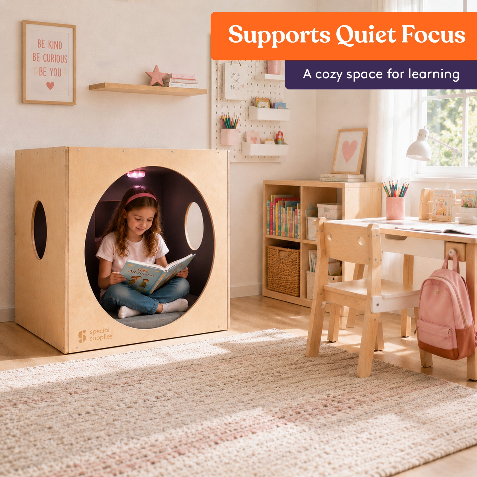 Special Supplies Kids Wooden Reading Cube for Classroom and Home, Sensory Reading Nook, Enclosed Reading Corner, Wooden Literacy Station, Quiet Learning Space for Kids, Educational Furniture