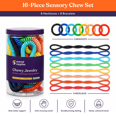 Special Supplies Chewy Jewelry Sensory Necklaces and Bracelets, 16 Pack, Soft and Flexible Silicone, Interactive Stress and Anxiety Relief for Kids, Supports ADD, ADHD, Autism